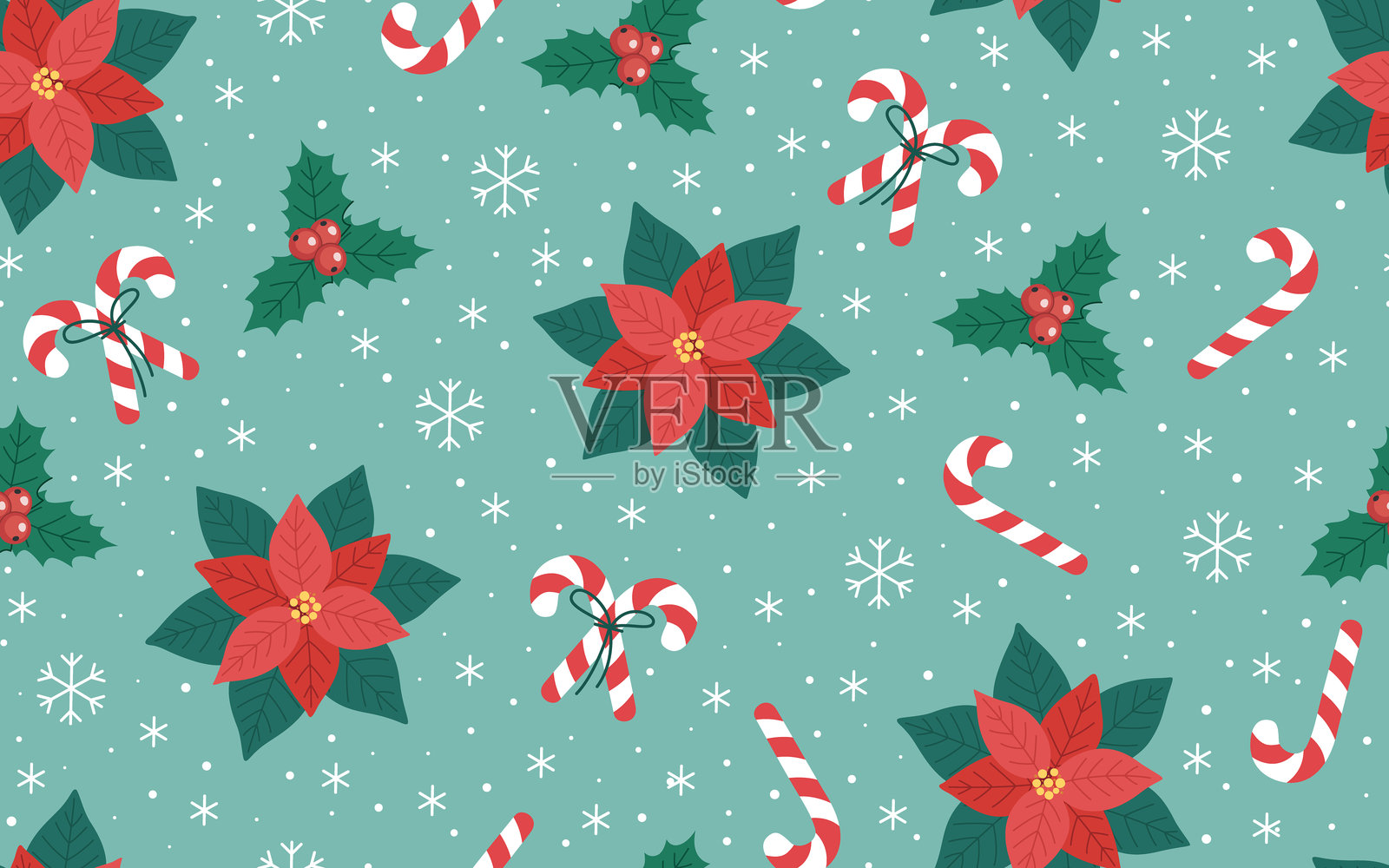 圣诞节无缝图案，以一品红、带浆果的冬青、拐杖糖、雪花和飘落的雪为特色。插画图片素材