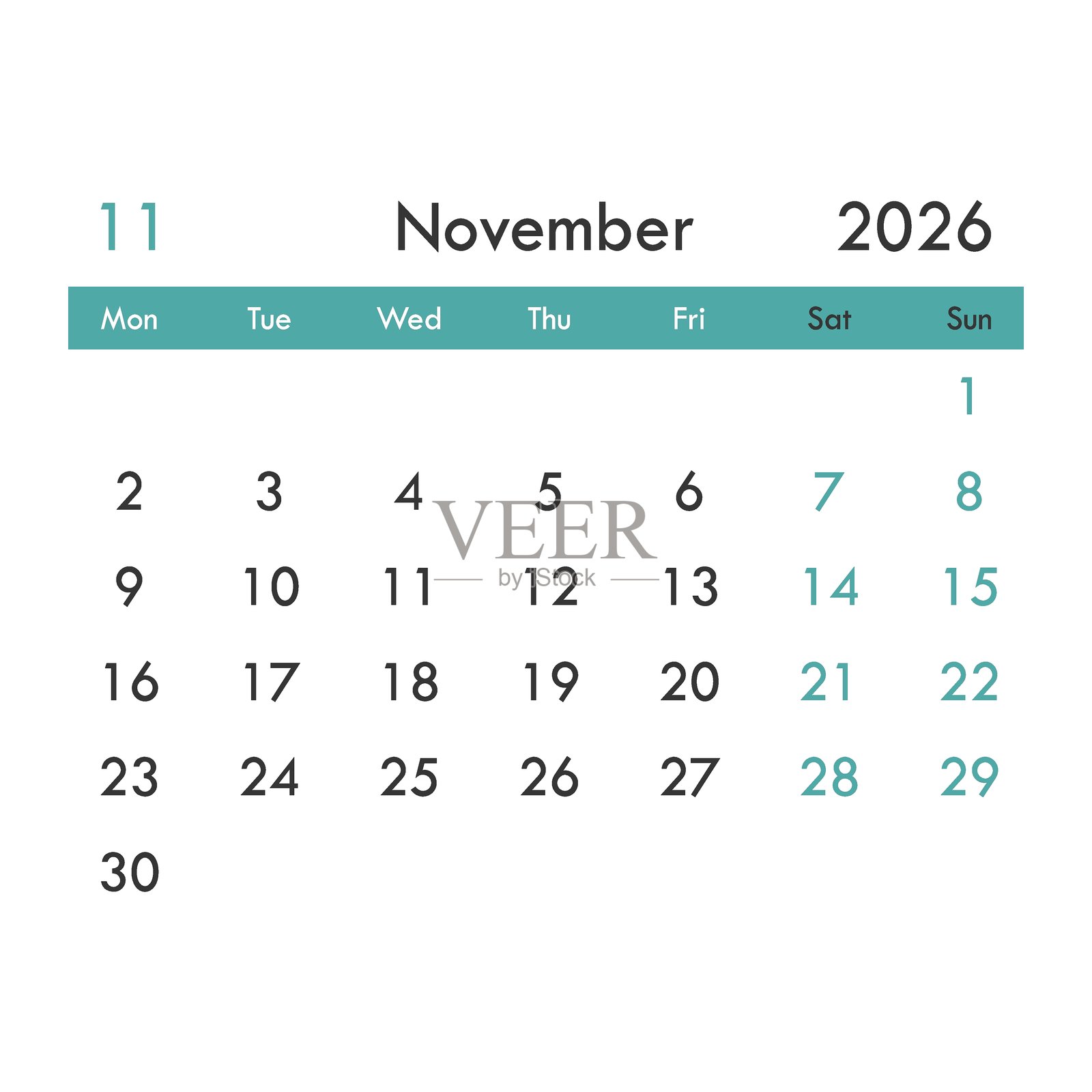 扁平风格的2026年11月日历图标。计划表矢量图，孤立背景。日历标志，商业概念。插画图片素材