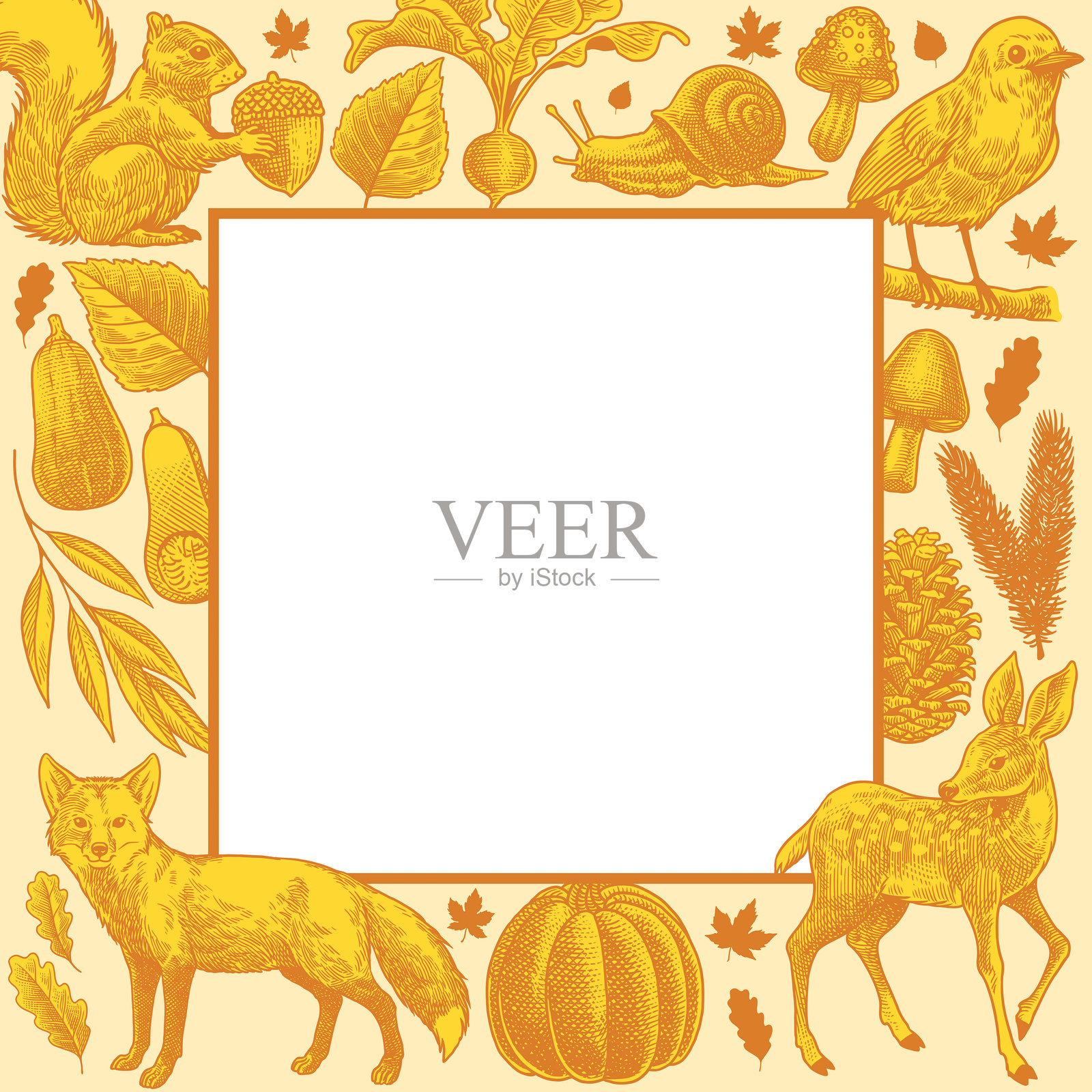 雕刻风格秋季边框设计插画图片素材