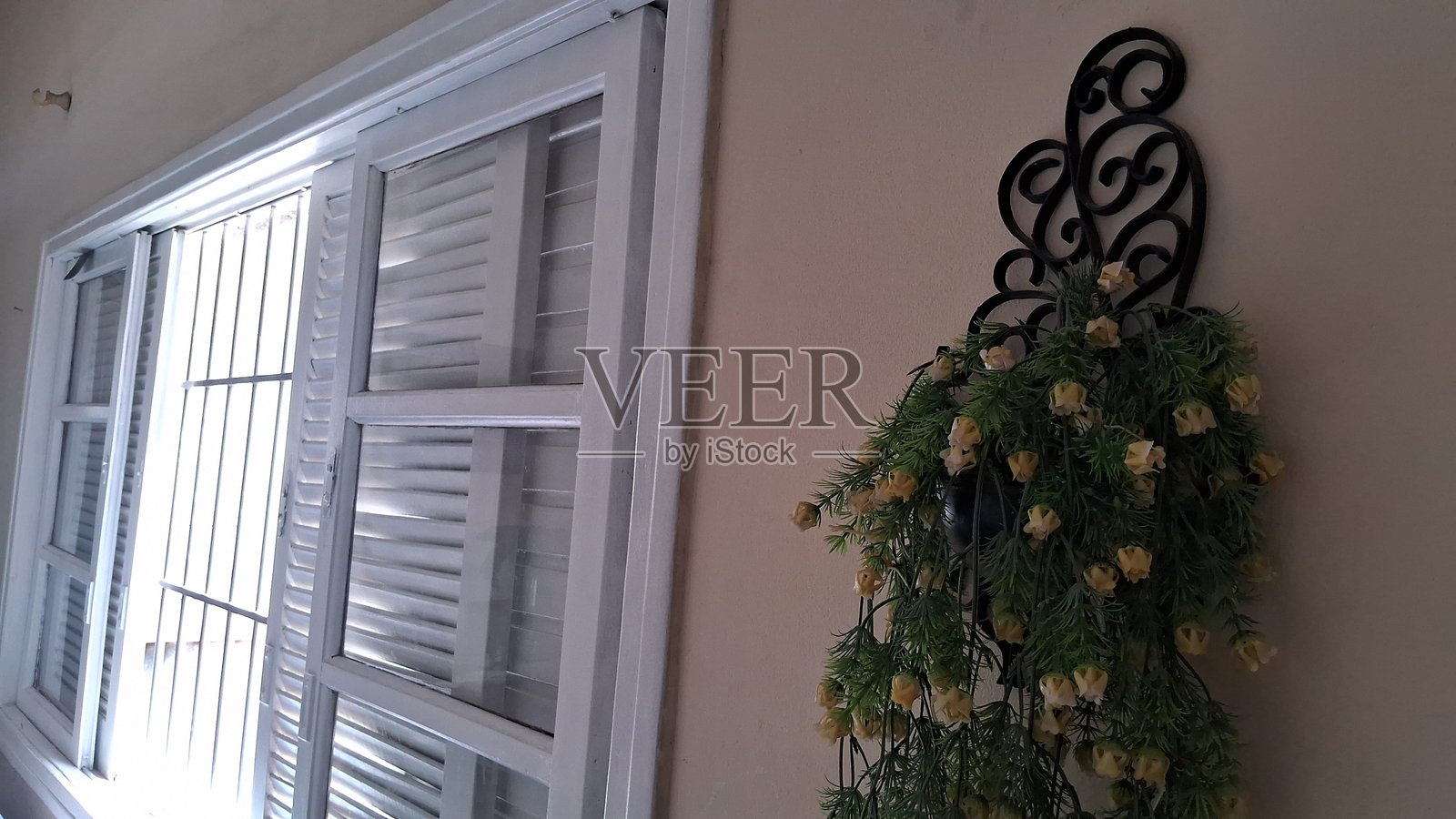 带白色百叶窗和装饰性墙壁花盆的窗户照片摄影图片