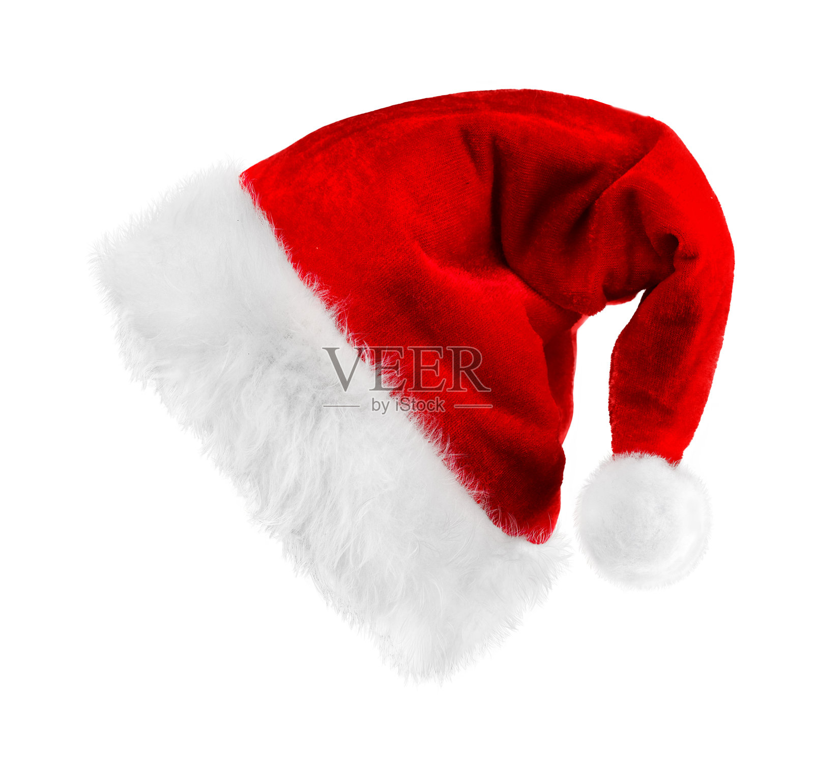 带有白色蓬松饰边的红色圣诞老人帽子，孤立在白色背景上 - 包含抠图路径照片摄影图片