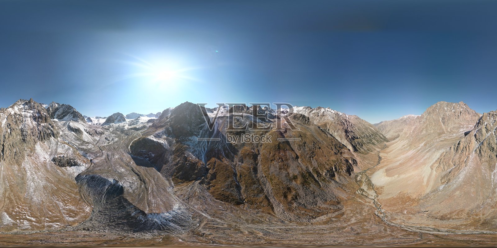 吉尔吉斯斯坦大阿拉阿尔查冰川冰碛湖的360度航拍全景照片摄影图片