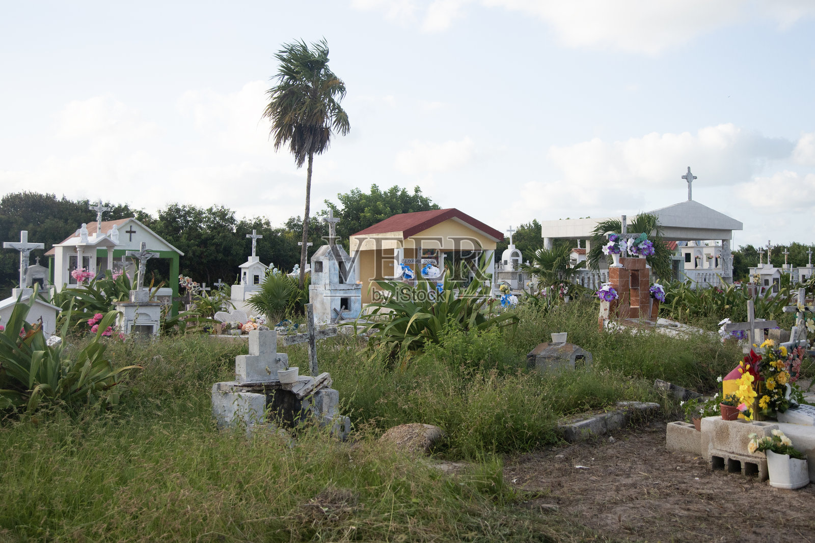 墨西哥尤卡坦半岛渔村埃尔库约，海滩旁的墓地照片摄影图片