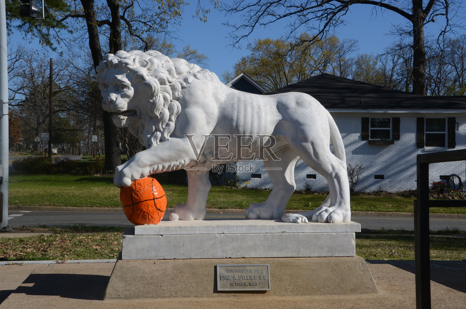 一座白色的石狮雕像，前爪搭在一个橙色的篮球上，位于“世界盲人服务中心”校园前。照片摄影图片