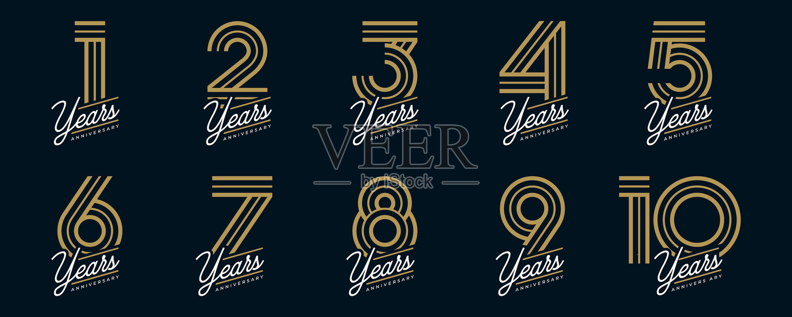 金色周年庆典、婚礼和生日的一到十周年矢量标志设计套装插画图片素材