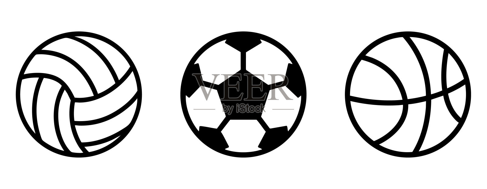 运动器材线条图标。简约扁平插画。矢量集。排球、篮球、足球插画图片素材