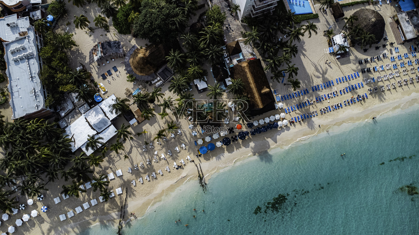 墨西哥坎昆女人岛海滩，有许多遮阳伞和椅子照片摄影图片