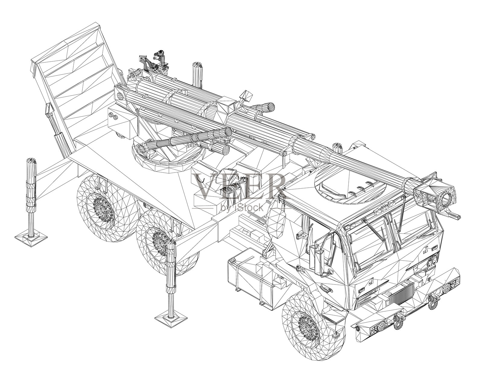 白色背景上3D线框模型军事火箭炮卡车，配有机枪，等距视图插画图片素材