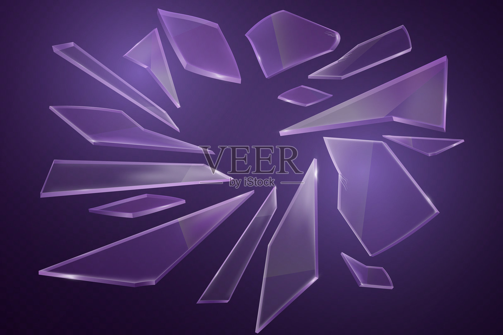 破碎的玻璃，带有紫色光线和碎片效果。插画图片素材