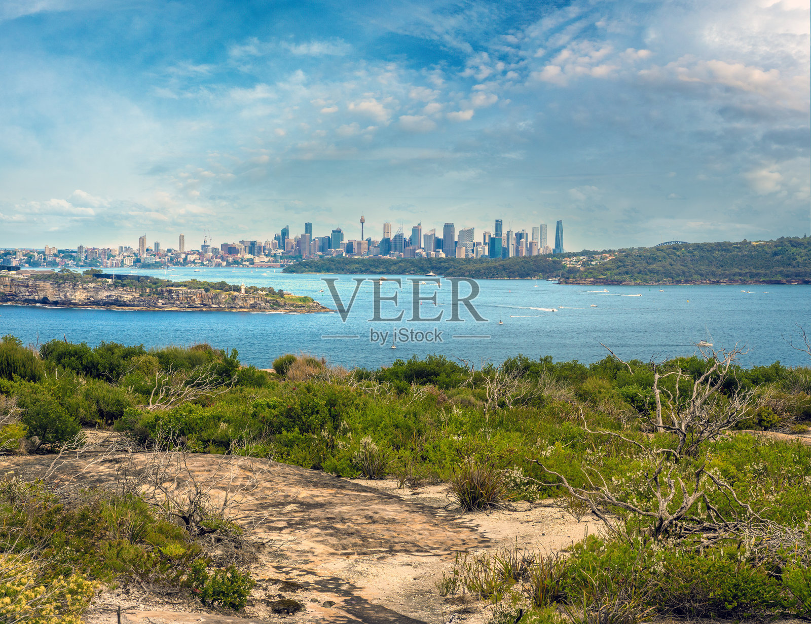 从澳大利亚新南威尔士州曼利悉尼港国家公园的费尔法克斯步行道远眺悉尼天际线照片摄影图片