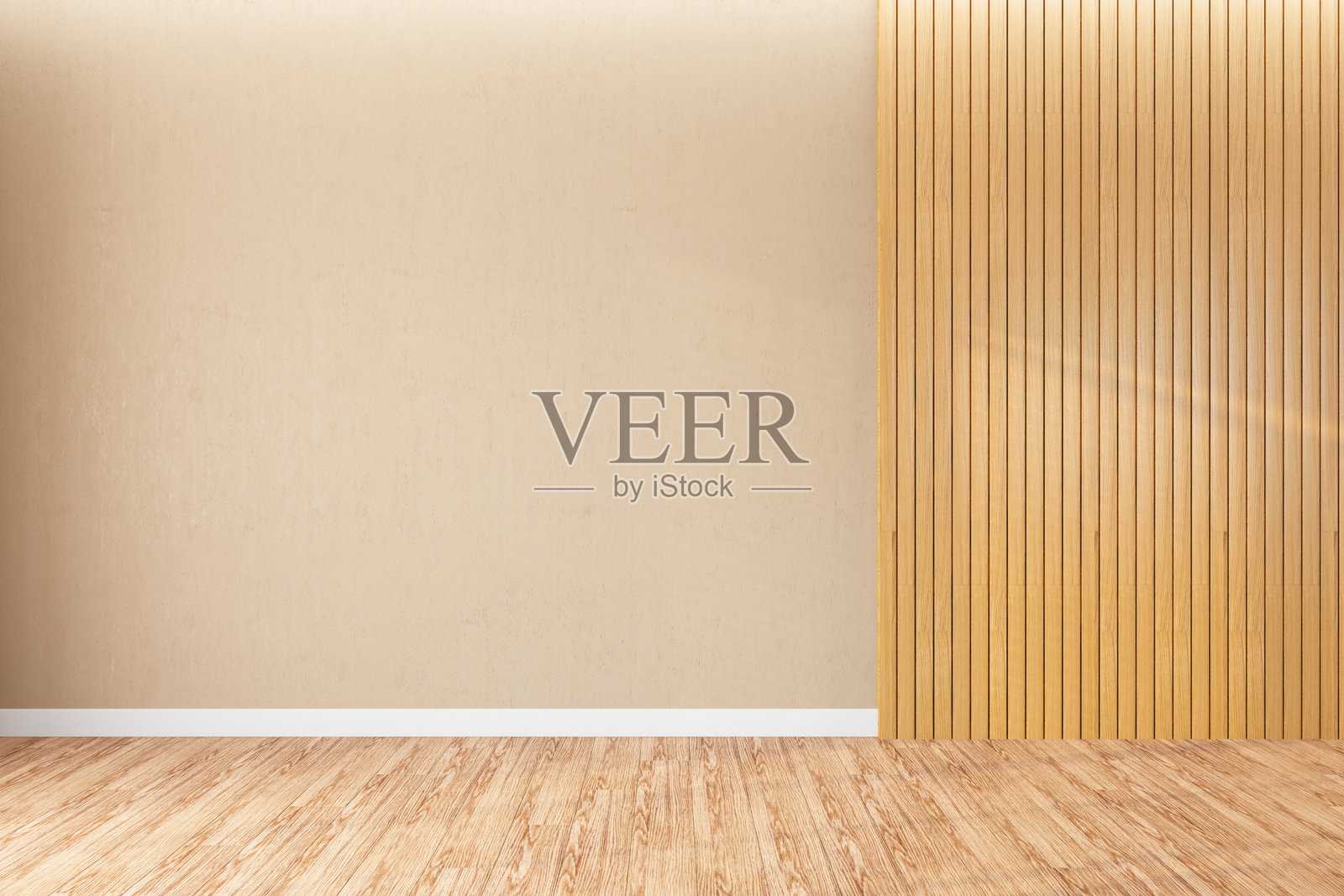 极简主义的空房间，内有米色墙壁和垂直木板墙照片摄影图片