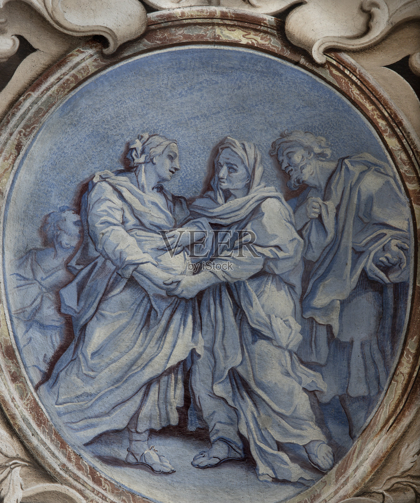 博比奥 - 大教堂（圣母升天）内巴洛克风格的圣母访亲壁画（圣母升天细节）照片摄影图片