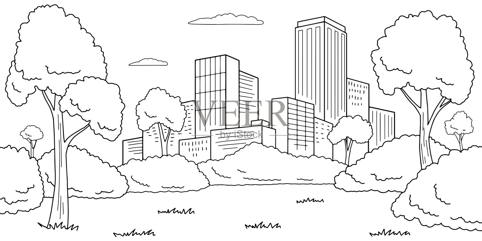 城市森林图，黑白城市景观，天际线，素描插画矢量图插画图片素材