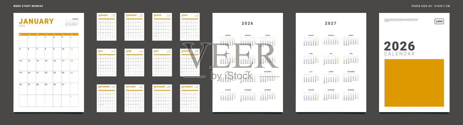2026年日历规划师套装，包含月度页面模板、带照片和公司Logo位置的封面、2026年、2027年。垂直网格布局，适用于周一开始于周一的墙面或桌面日历。A4打印页面。插画图片素材