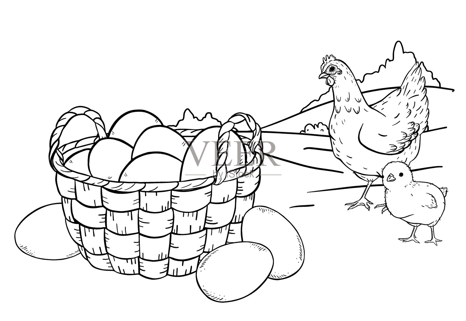 单色手绘插画，描绘了一个装满鸡蛋的编织篮。经典的农舍墨水画风格，适用于厨房包装、复活节设计、品牌推广、纺织品和乡村产品装饰。插画图片素材