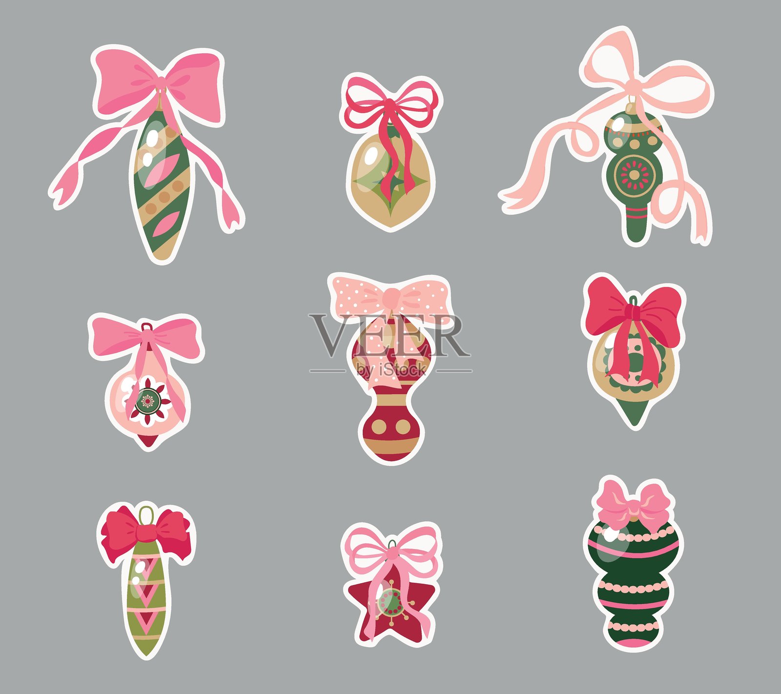 一套带有蝴蝶结装饰的圣诞装饰贴纸插画插画图片素材