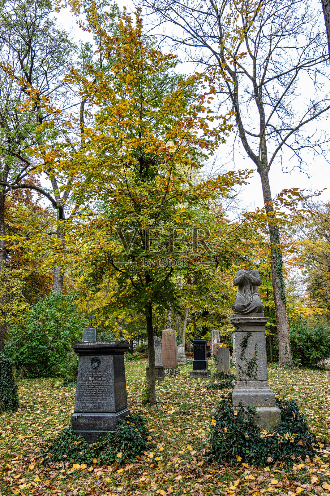 德国慕尼黑著名老北方公墓的秋季景色，有历史悠久的墓碑。照片摄影图片