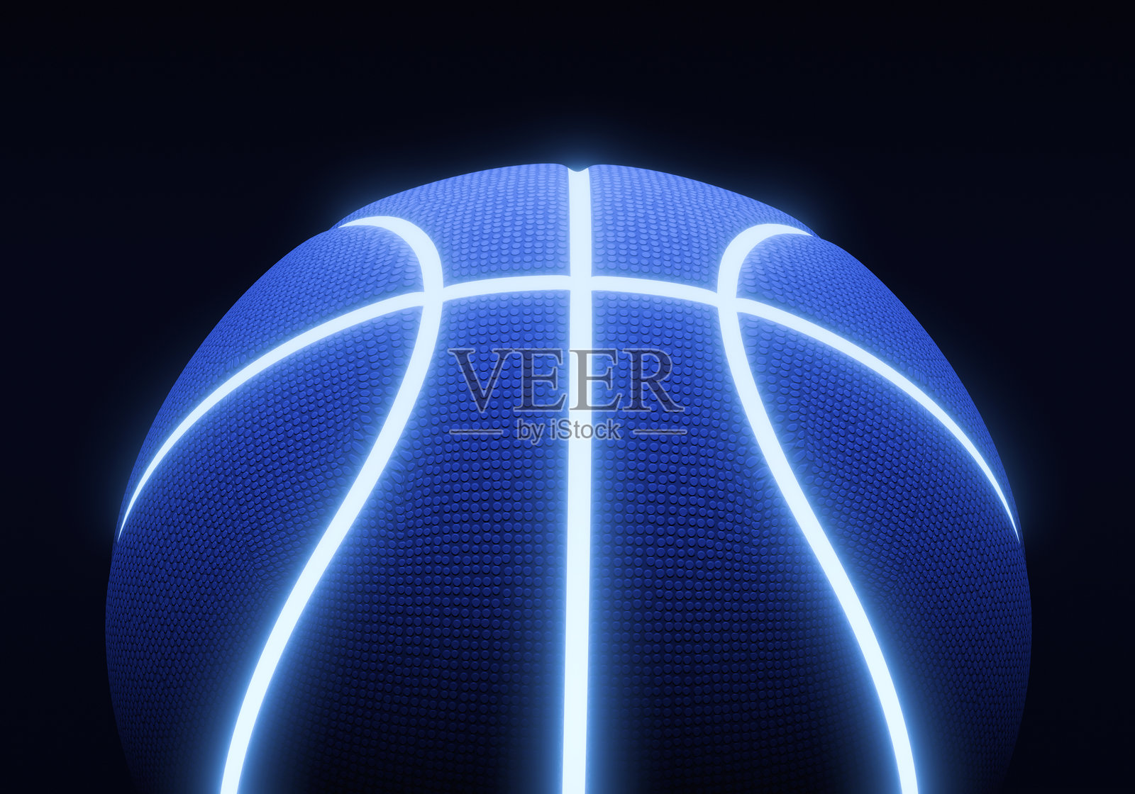 黑色背景上带有明亮发光霓虹线条的蓝色篮球照片摄影图片