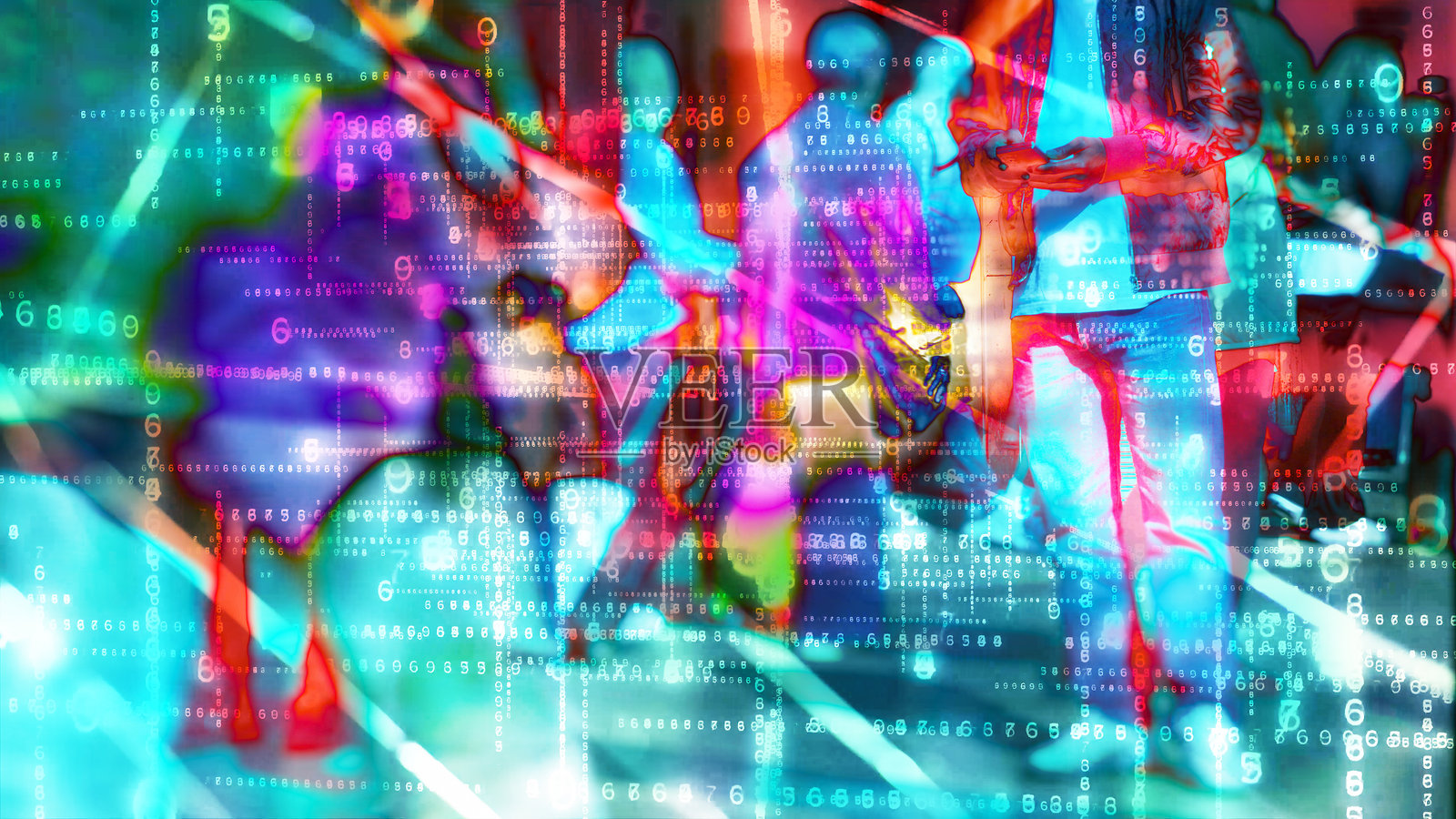 男人在使用抽象多彩的数字矩阵中的智能手机。照片摄影图片