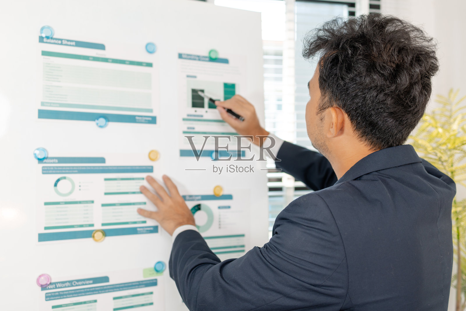 一位商人正在现代办公室里准备市场营销和财务计划，审阅图表和数据报告以支持公司战略、业绩增长和组织效率。照片摄影图片