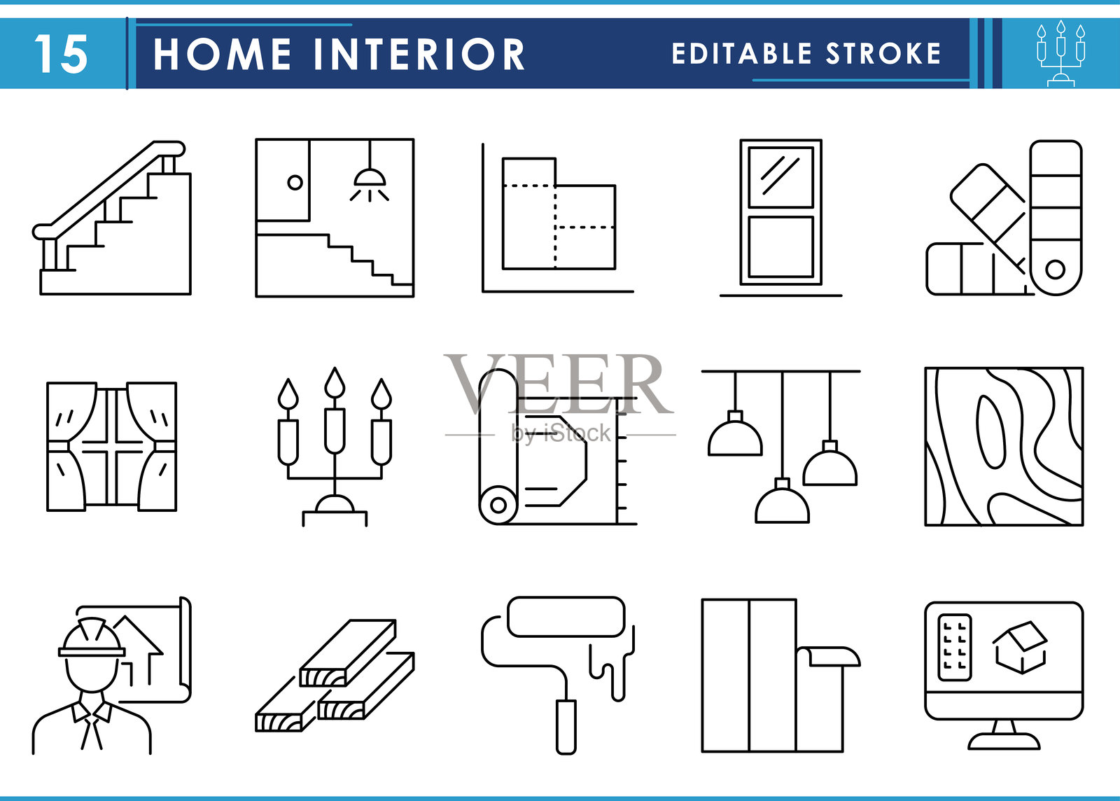 一套与家居室内设计相关的线条图标，包括房屋、建筑、内部、设计、装饰、家具等。可编辑描边矢量图。插画图片素材