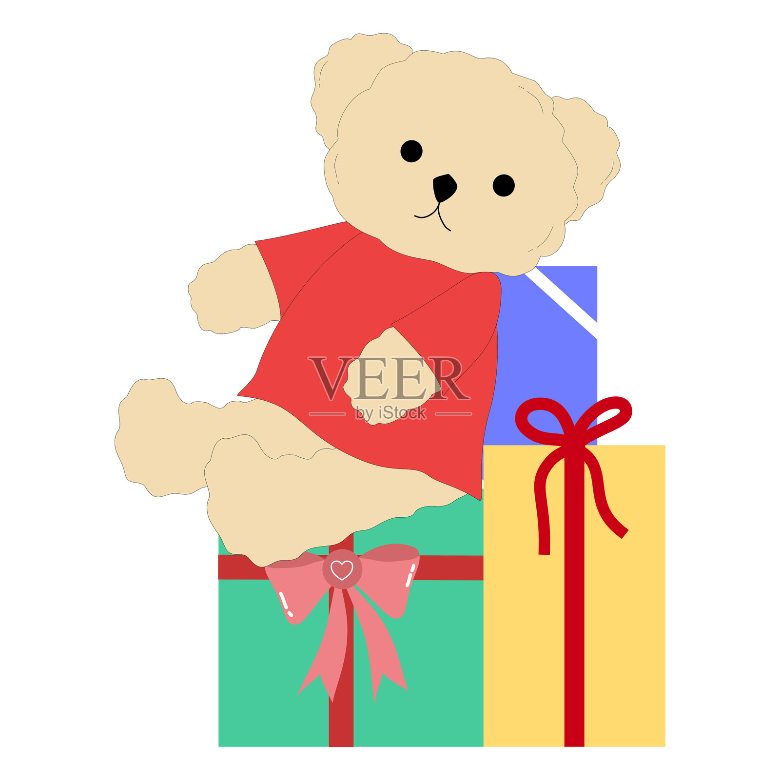 可爱的泰迪熊坐在礼物堆上的剪贴画，节日生日礼物插画插画图片素材
