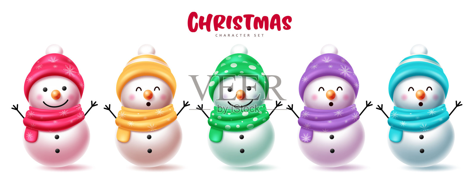 可爱的雪人角色集合，配有色彩缤纷的冬日围巾和帽子，用于圣诞快乐设计插画图片素材