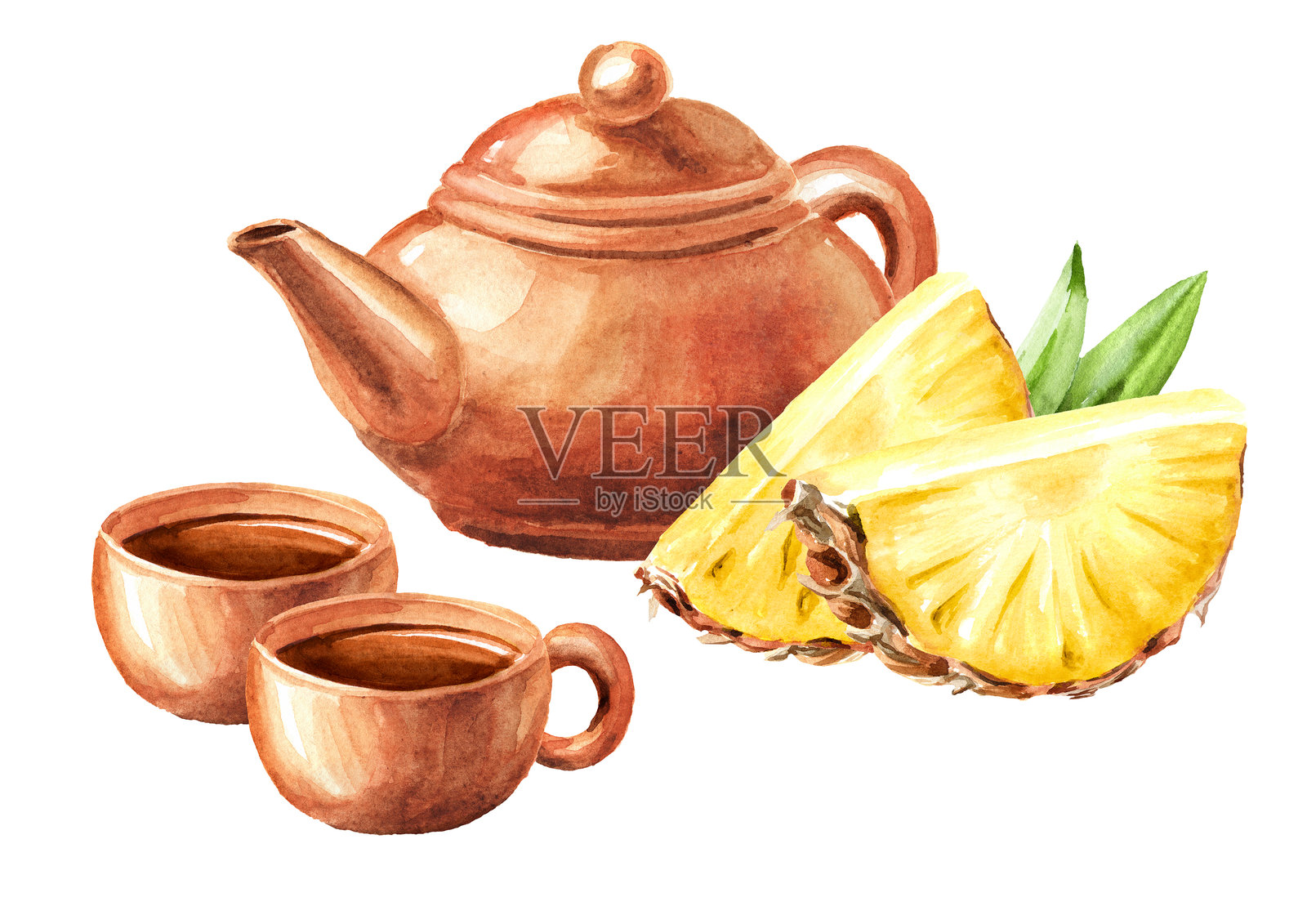 手绘水彩风格的陶土茶壶、茶杯和成熟的菠萝，孤立在白色背景上。插画图片素材