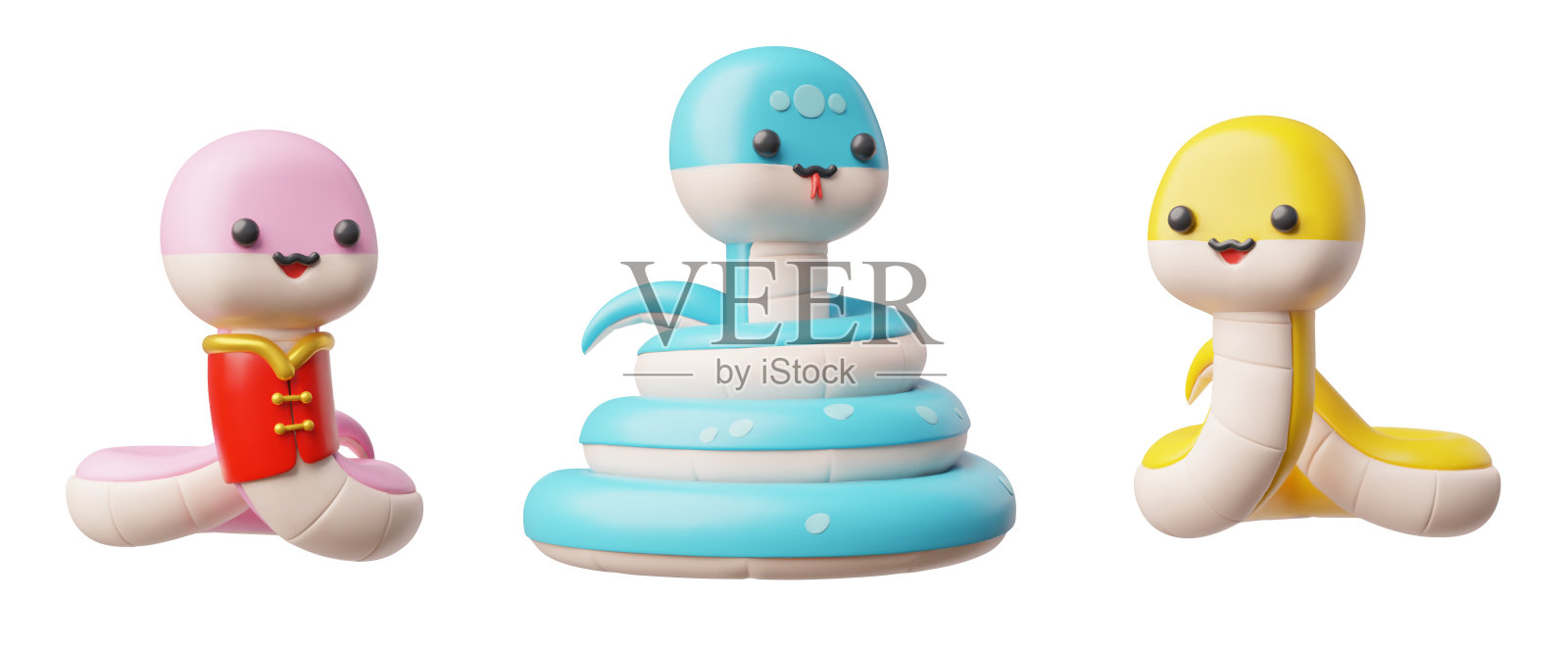 可爱蛇的矢量3D插画集，黄色、蓝色和粉色。插画图片素材