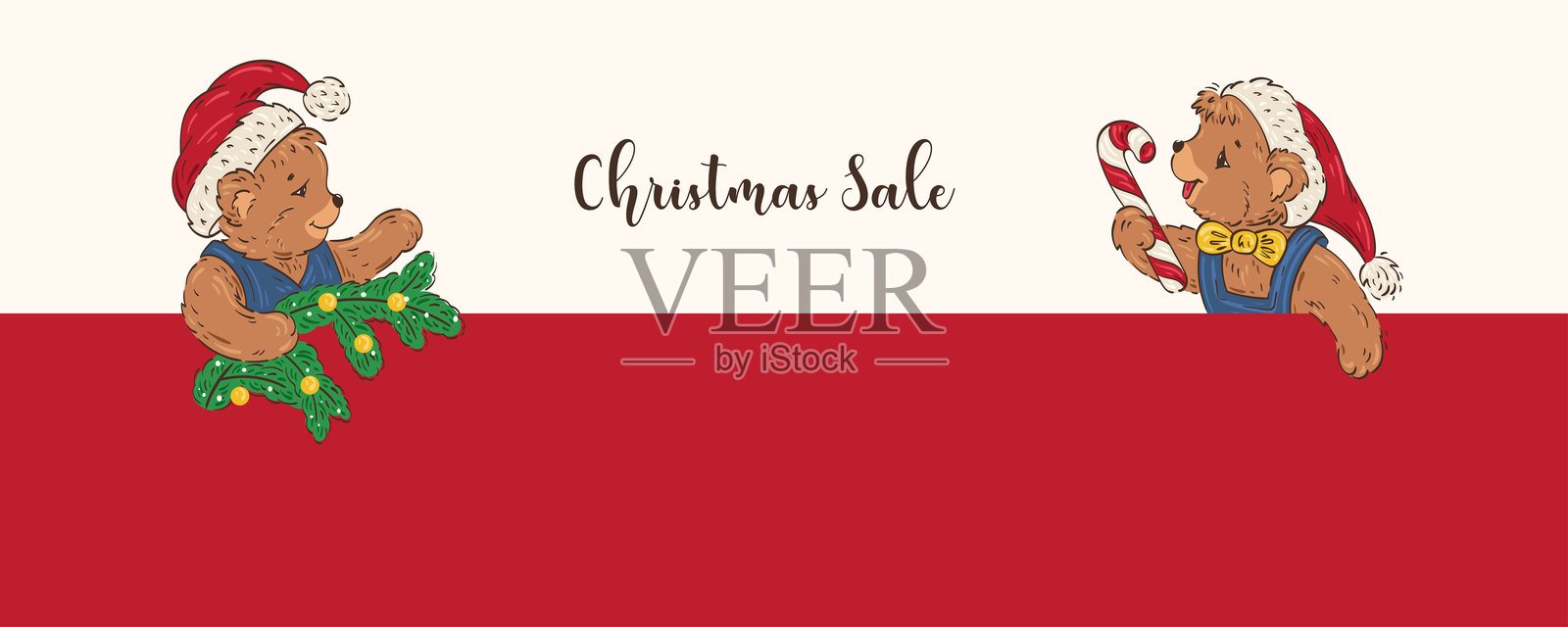 圣诞促销横幅，配有两只可爱的泰迪熊和留有文字空间的插画，矢量图插画图片素材