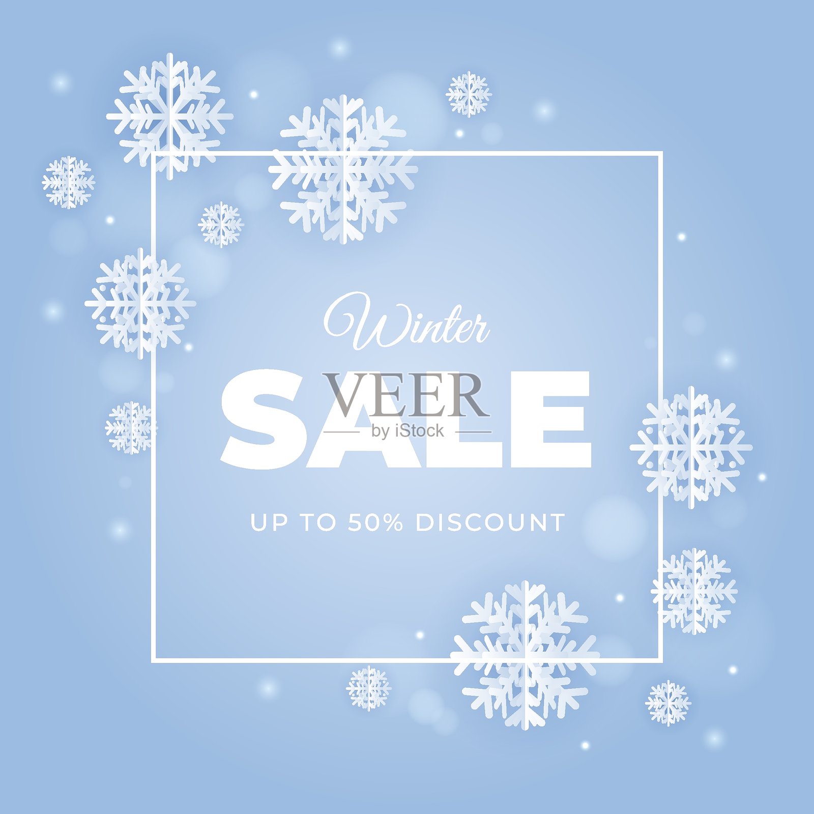带有逼真白雪花图案的冬季促销横幅。社交媒体帖子模板。用于季节性折扣的矢量插图插画图片素材