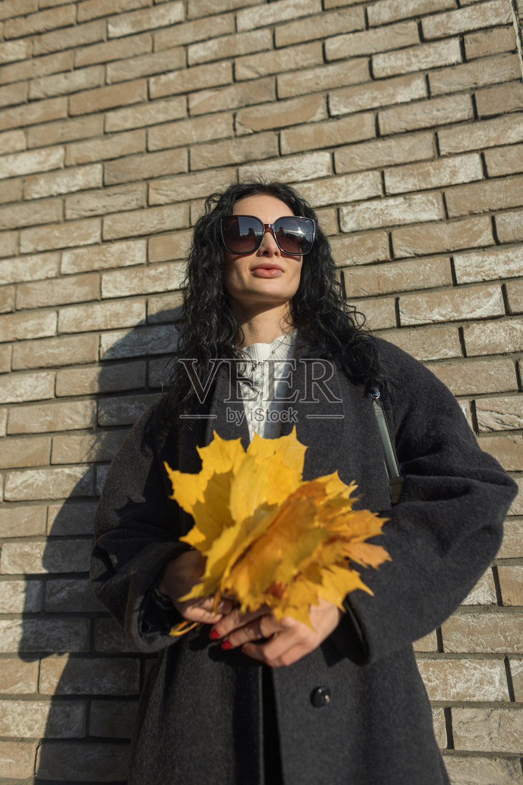 一位美丽的棕发女子在阳光明媚的秋日，手持落叶，站在红砖墙边，身着时尚的浅色系服装，在户外摆姿势。照片摄影图片