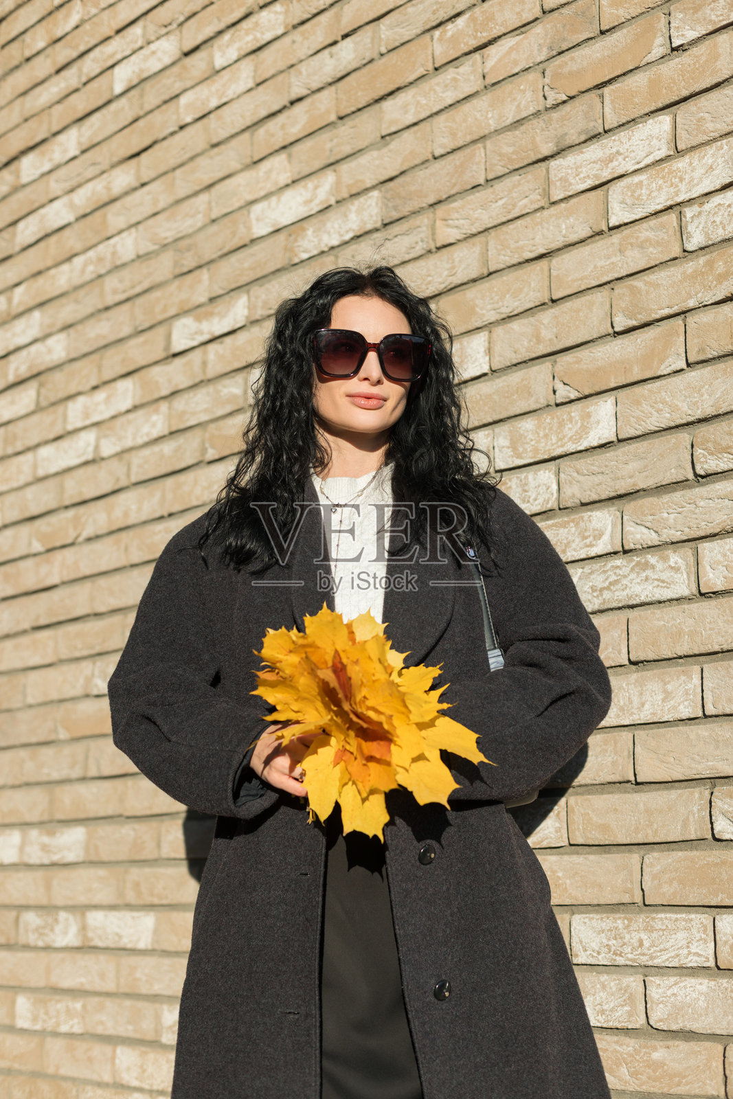 一位年轻貌美的女士，留着卷曲的深色头发，戴着时尚太阳镜，手持鲜亮的黄色秋叶，在阳光明媚的秋日里，她身穿 stylish 的外套，站在户外砖墙旁。照片摄影图片