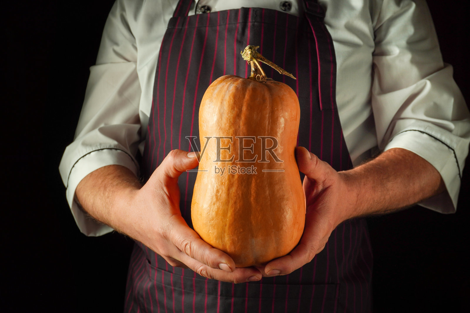 一位穿着条纹围裙的厨师站在黑暗的厨房里，双手捧着一个新鲜的南瓜。这一刻捕捉了秋季烹饪和时令食材的精髓。照片摄影图片