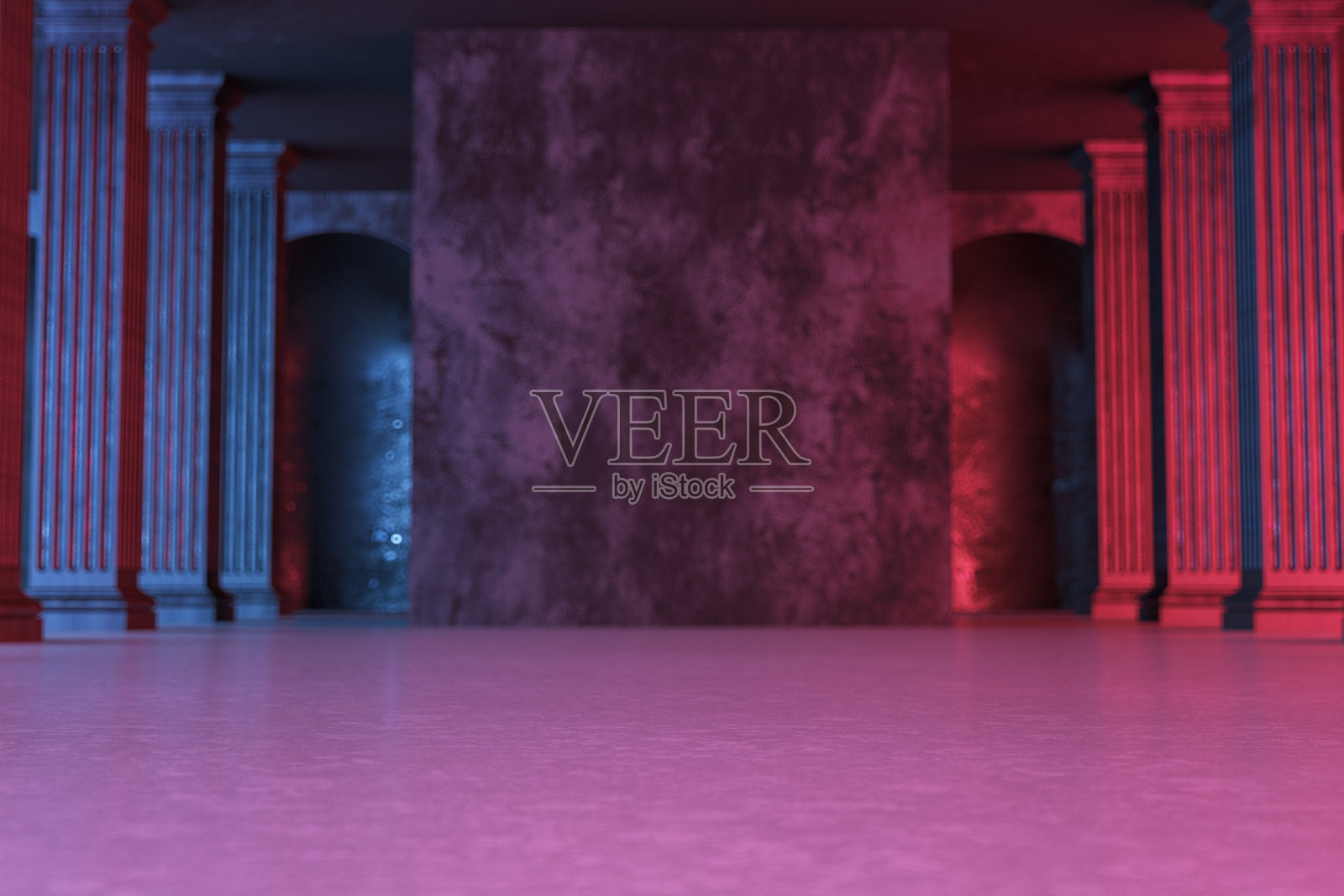 黑暗的未来主义走廊，带有古典柱子以及霓虹蓝和红色灯光照片摄影图片