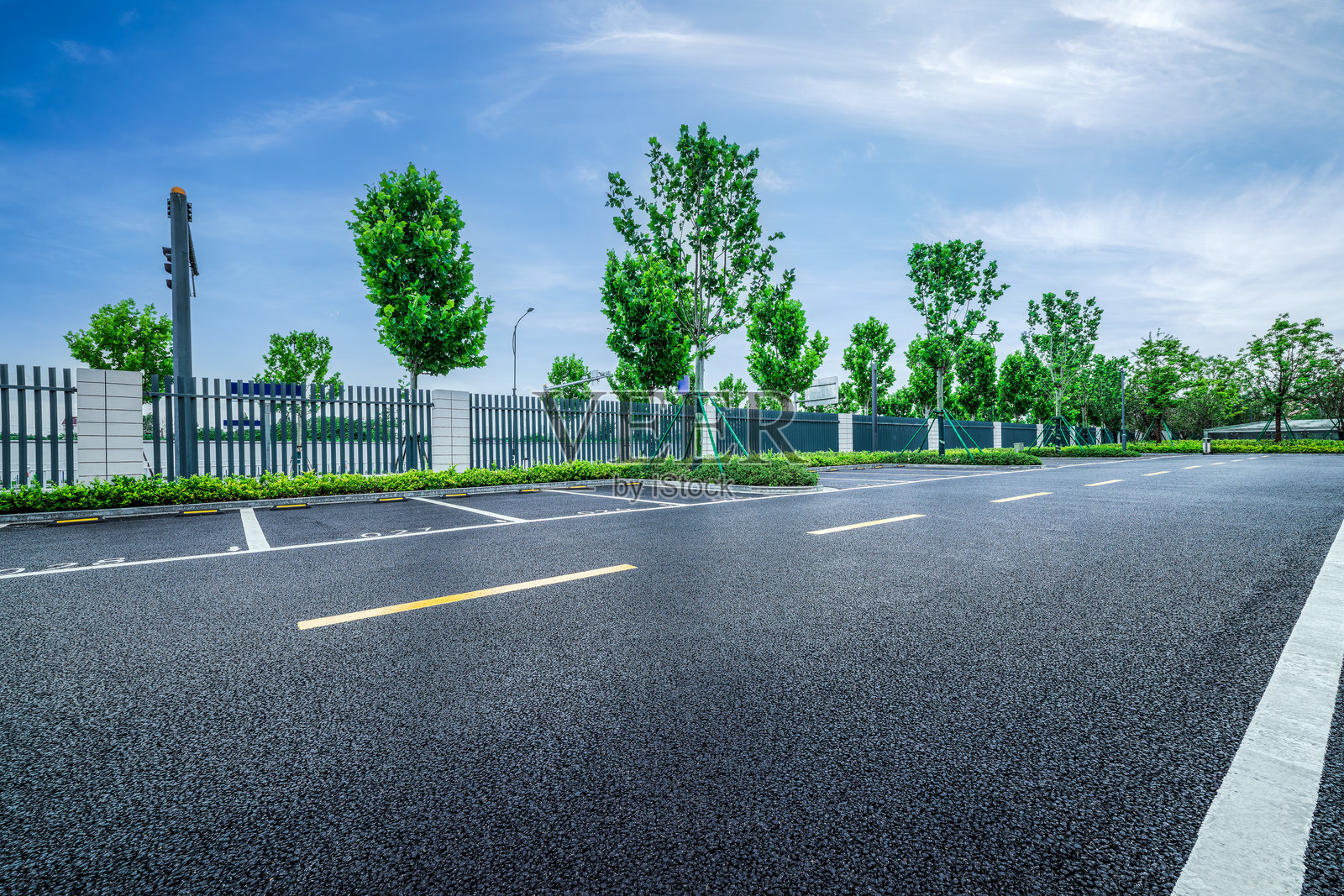 绿意盎然的公园里，空旷的沥青停车场设有白色标线。照片摄影图片