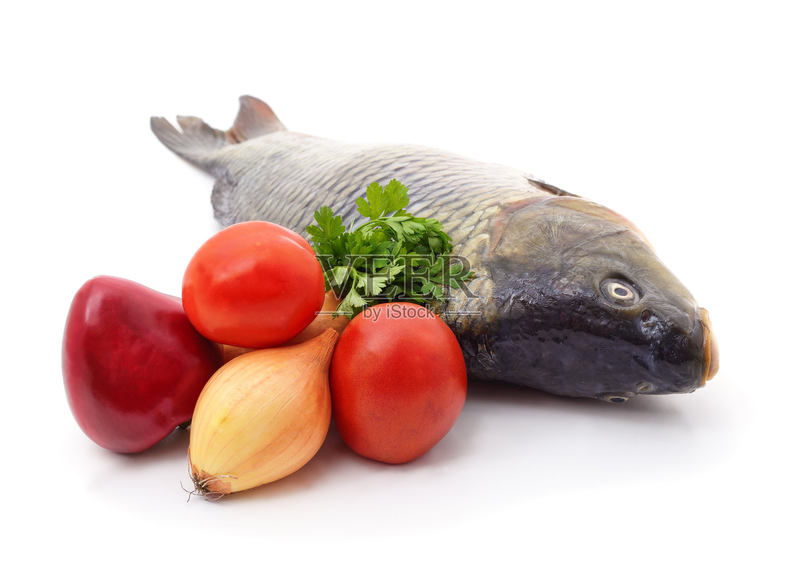 新鲜的鲤鱼配上新鲜的番茄、胡椒、欧芹和洋葱，置于白色背景上。照片摄影图片