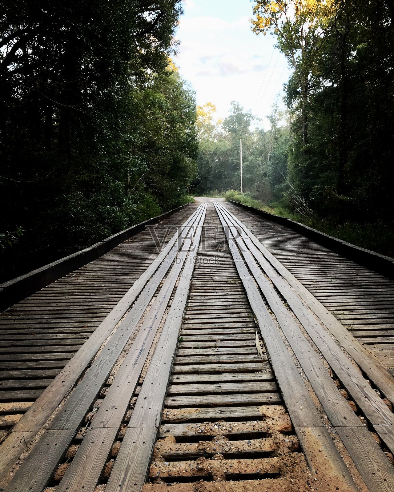 一条老旧的木质铁路高架桥，穿过一片黑暗茂密的森林，远处阳光穿透而出。照片摄影图片