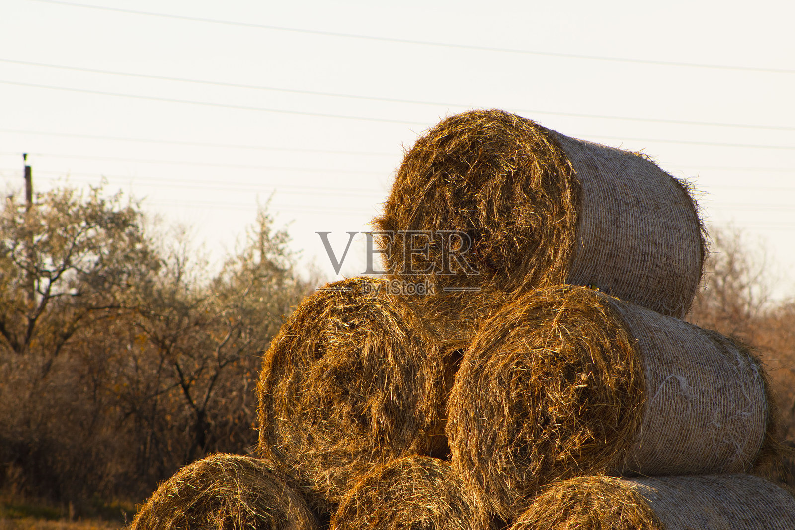 日落时分，秋日田野里堆成金字塔形的圆形干草垛照片摄影图片