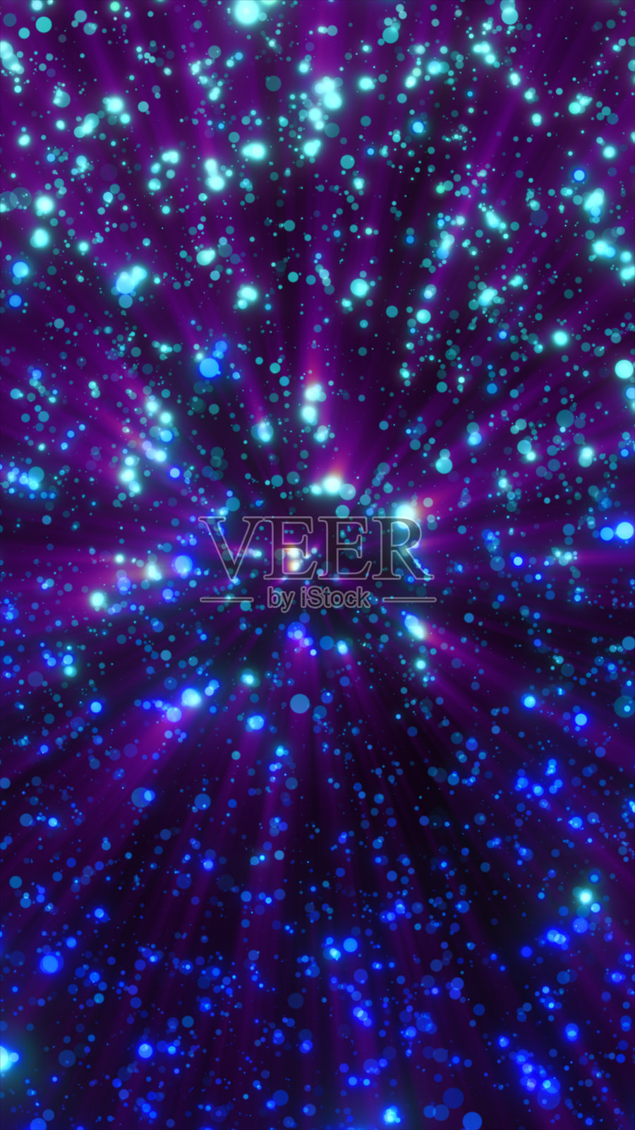 在紫色背景上，发光的蓝色粒子以放射状动态爆发照片摄影图片