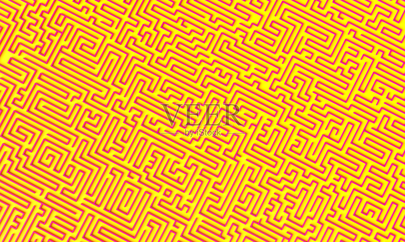 黄色背景上的抽象粉色线条迷宫照片摄影图片