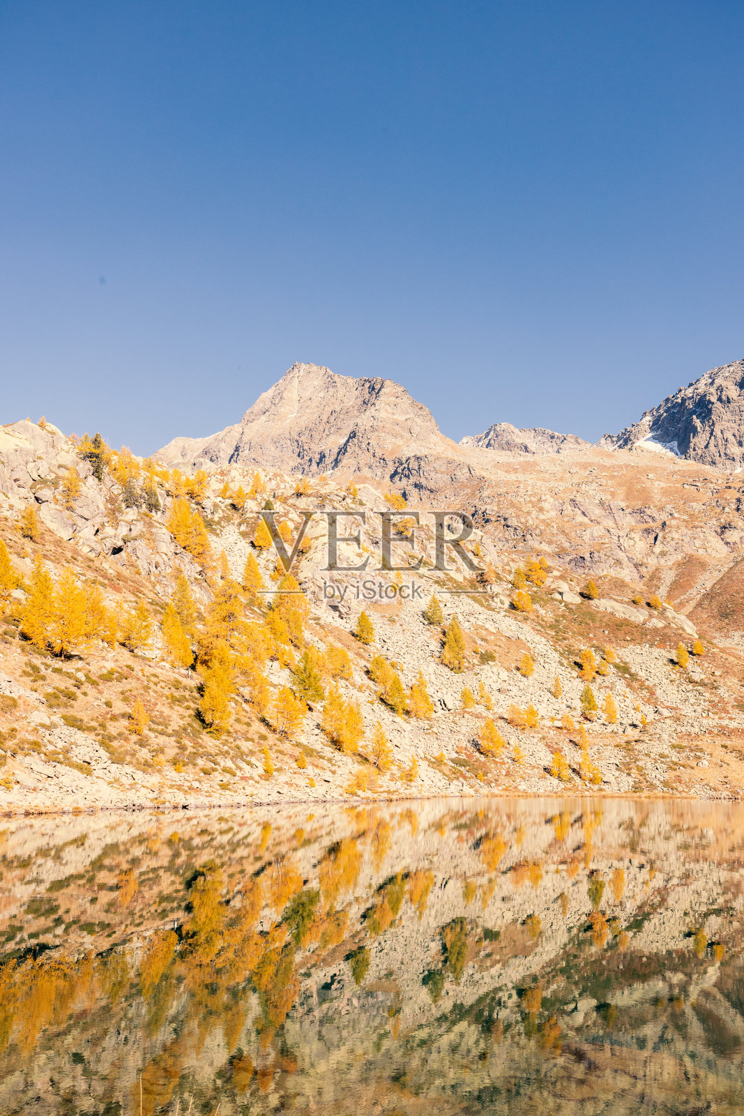秋天的树木倒映在山间湖泊上照片摄影图片