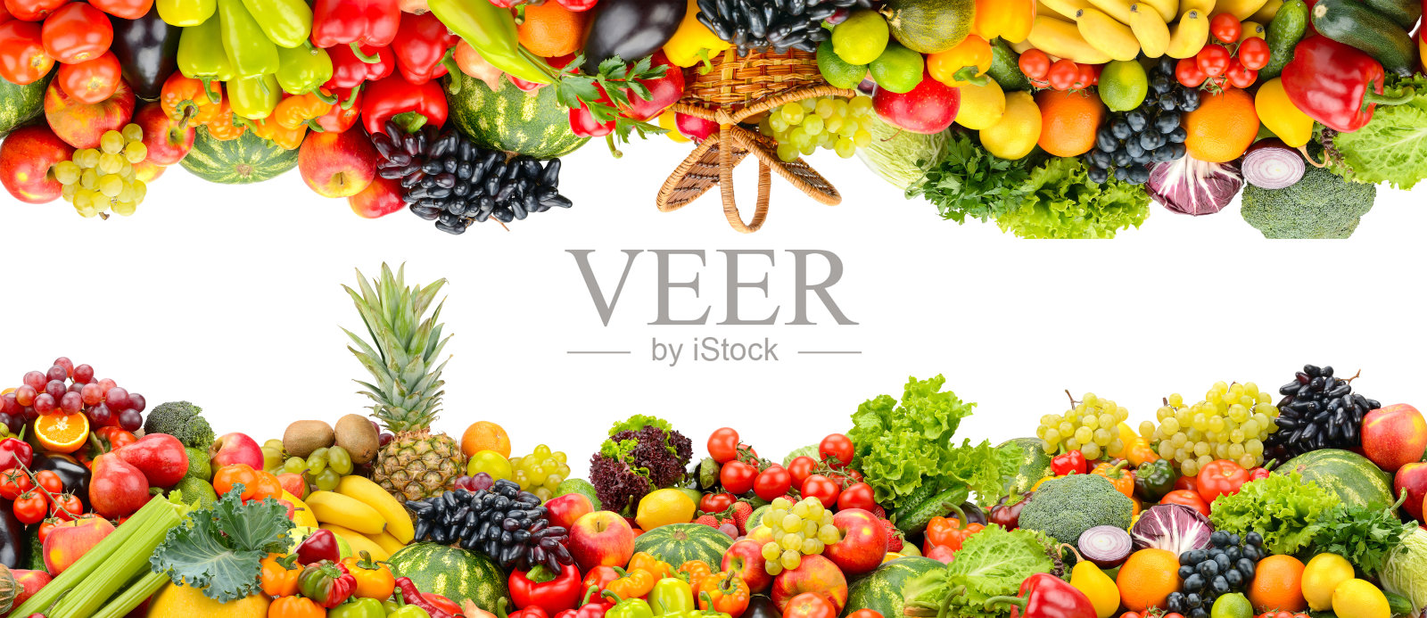 白色背景上色彩缤纷的水果、蔬菜和浆果组成的框架，留有复制空间照片摄影图片