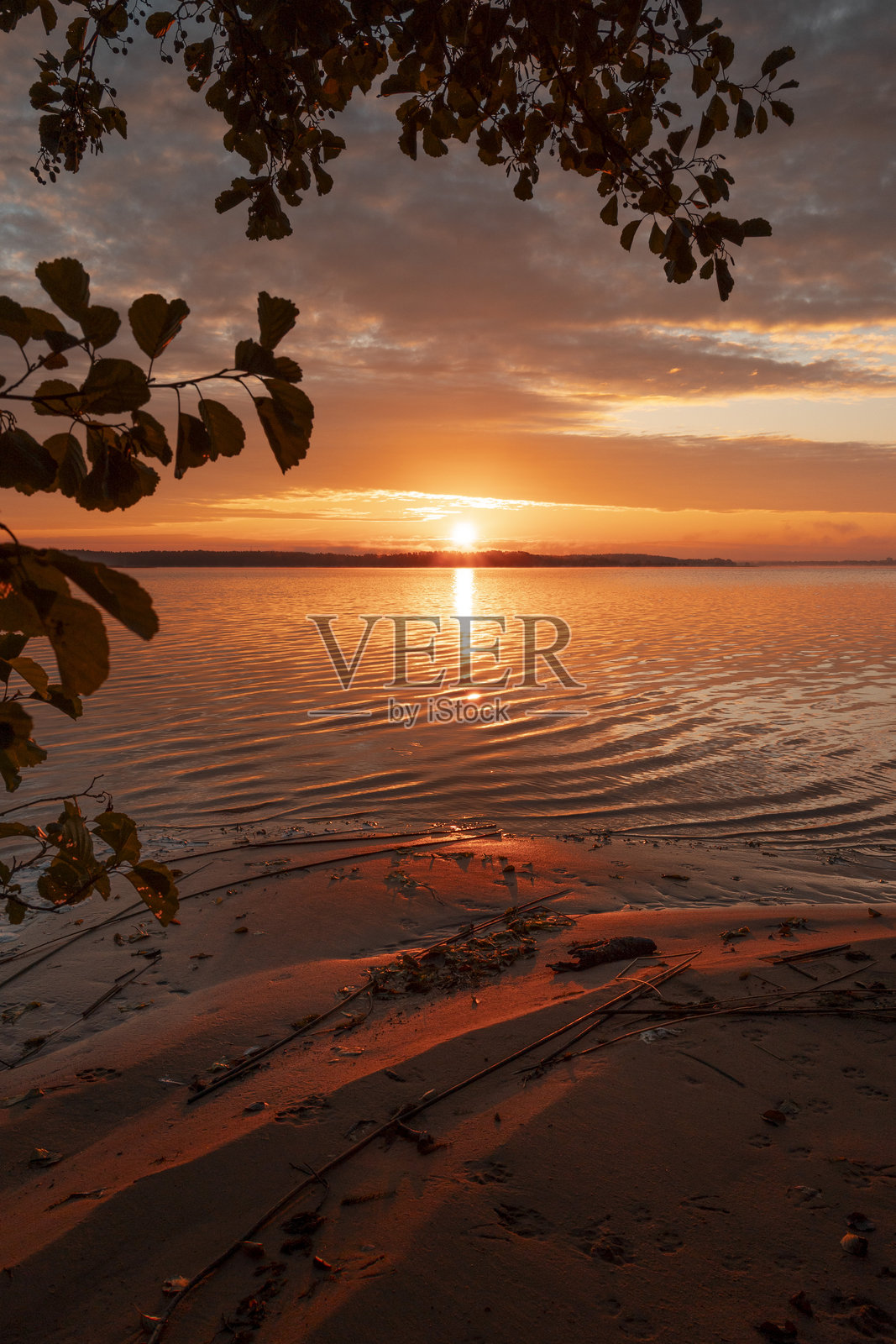 日出后美丽的秋日湖景。照片摄影图片