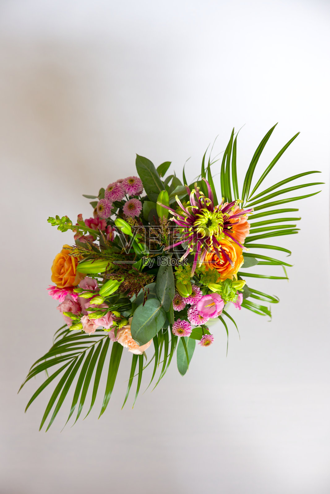 从高处俯瞰，室内客厅里一束美丽的鲜花在白色的背景下。照片摄影图片