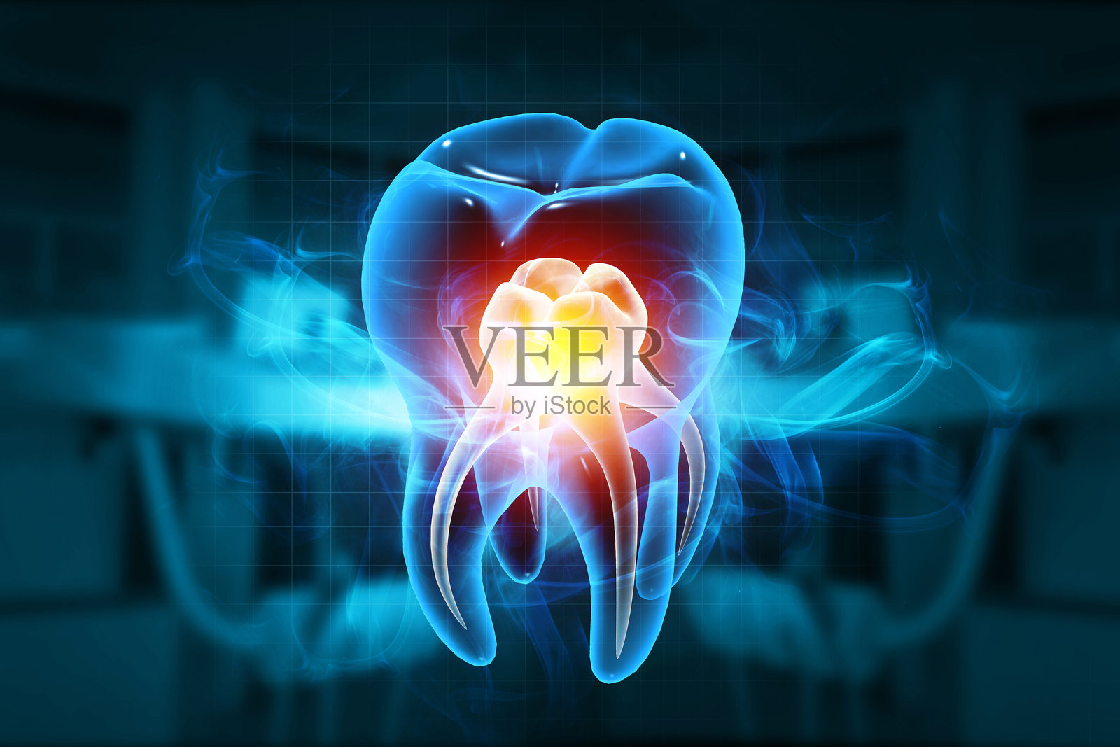 科学背景下的人类牙齿X光视图。三维插画。照片摄影图片