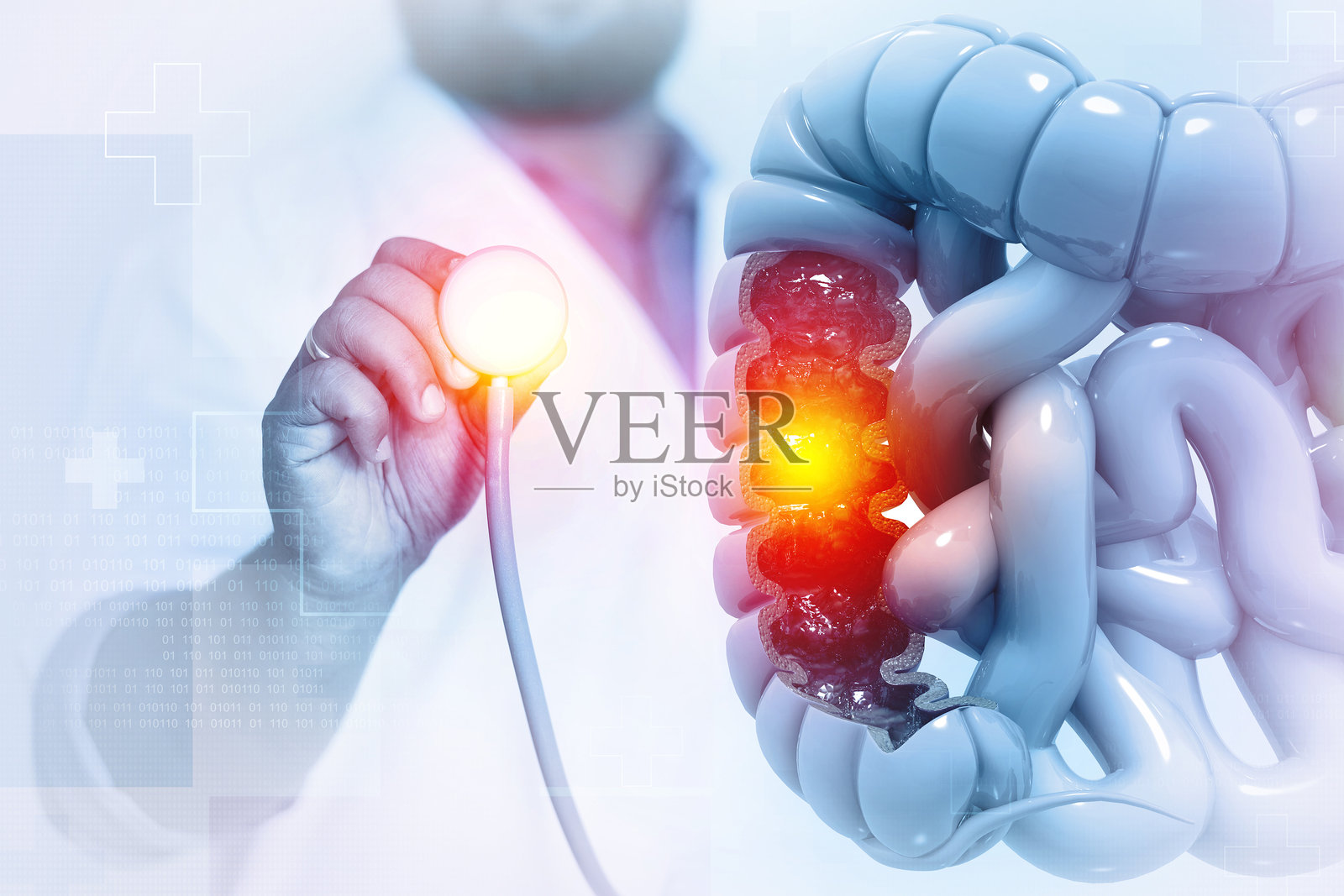 医生在模糊的背景下检查和诊断人类消化系统。三维插画照片摄影图片