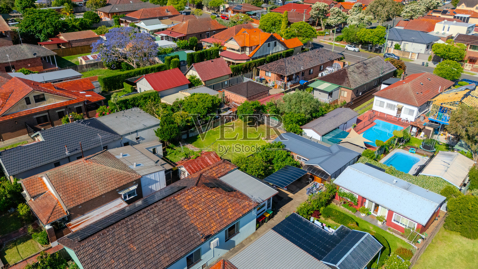 澳大利亚新南威尔士州悉尼西部坎特伯雷、布尔伍德、阿什菲尔德、马里克维尔和坎普西的郊区全景航拍无人机视角，可以看到悉尼房屋、道路和公园。照片摄影图片