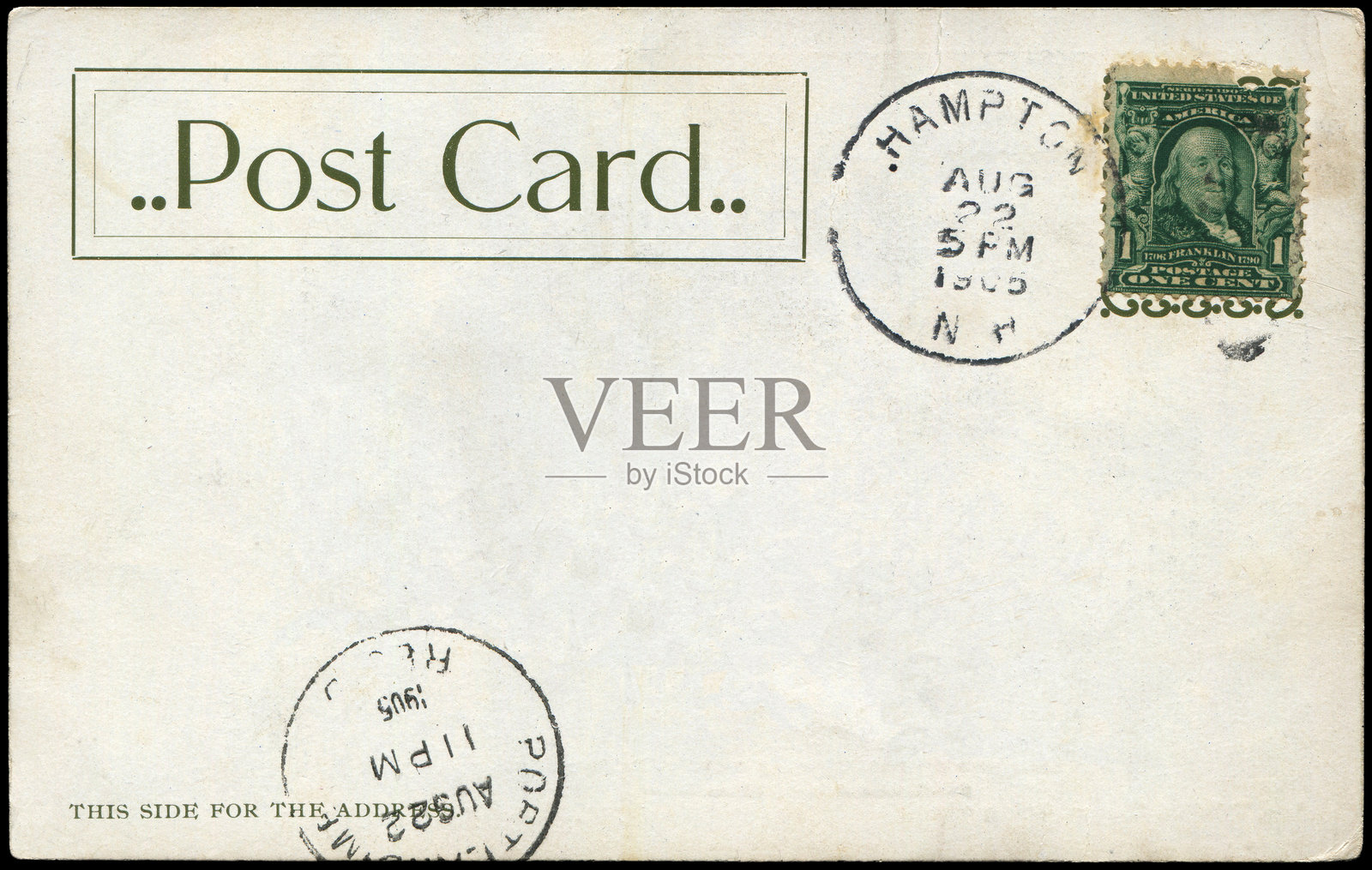 1900年代从美国新罕布什尔州汉普顿寄往缅因州波特兰的空白老式明信片，适用于有关历史事件邮件递送场景照片摄影图片
