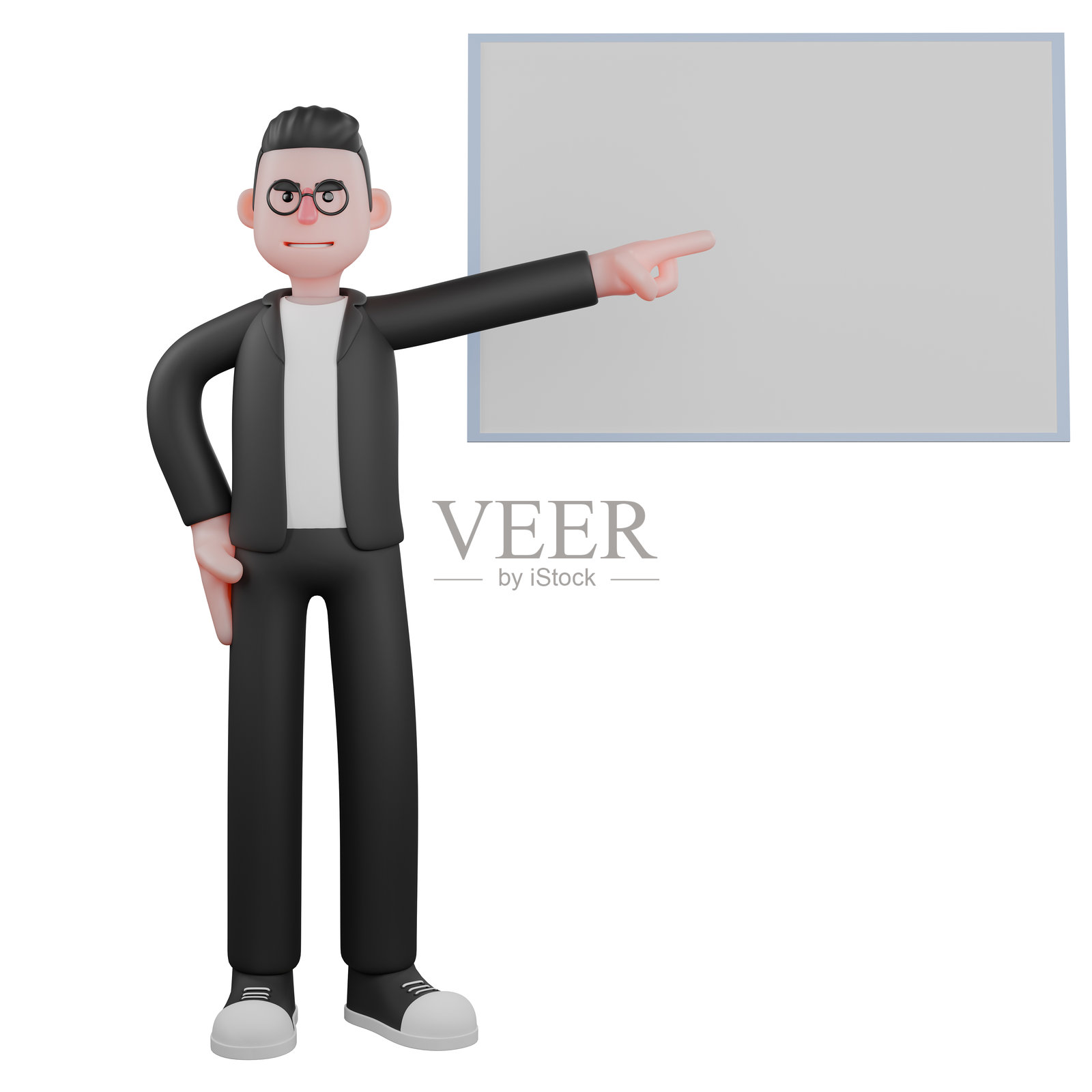 3D男性编辑插画：男性编辑站立指向左侧白板照片摄影图片